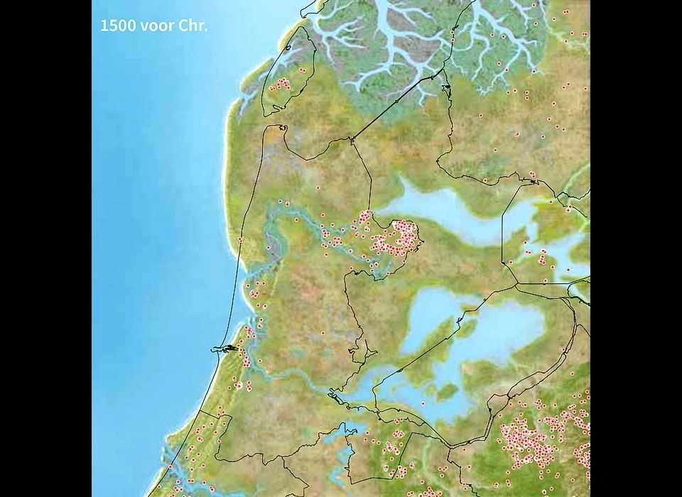 Noordwest Nederland omstreeks 1500 v.Chr. huidige contouren Noord-Holland ingetekend. Ter hoogte van Castricum loopt het Oer-IJ uit in de Noordzee.