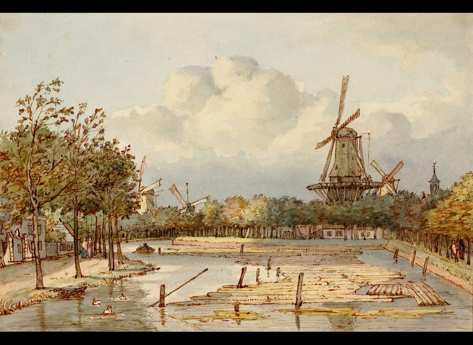 Bolwerk Amstelveen over de Singelgracht naar noordwesten naar de bolwerken Schinkel en Sloten met graanmolens De Roomolen en De Liefde, rechts torentje Leidsepoort (Gerrit Lamberts, 1815)