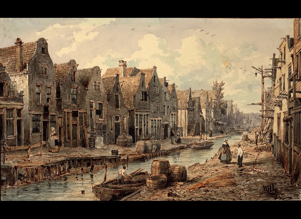 De Goudsbloemgracht gezien van de Brouwersgracht naar 
					  de Lijnbaansgracht. Op de achtergrond de brug tussen de Tweede Goudsbloemdwarsstraat en de Palmdwarsstraat (tekening W.Hekking jr.) (1853)