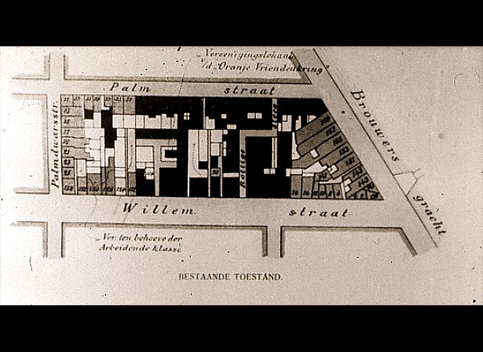 Bestaande situatie bouwblok Willemsstraat-Palmstraat-Brouwersgracht (ca.1930)