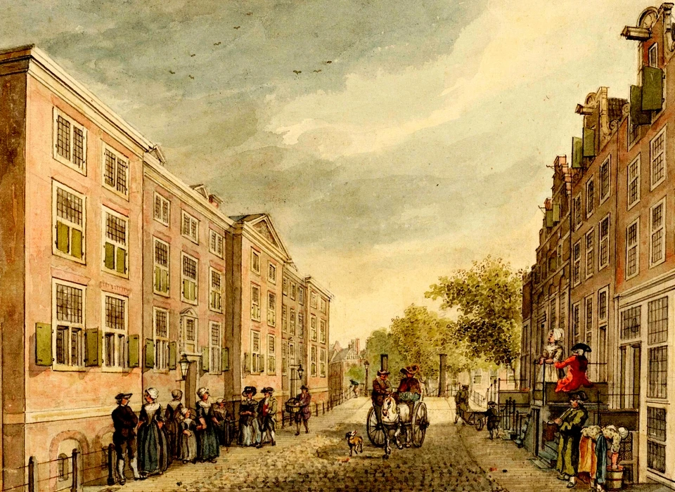 Zwanenburgerstraat 2 links Diaconieweeshuis van de hervormde gemeente rechts 7-1 (H.Schouten ca.1765)