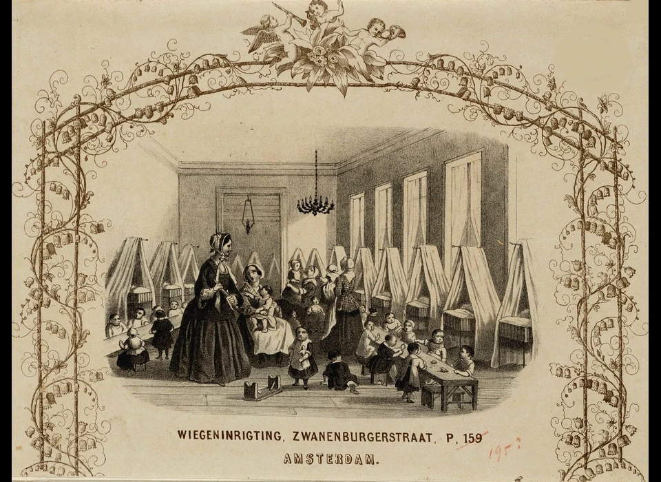 Zwanenburgerstraat 20 Wiegeninrigting van het Nederlands-Israëlitisch Jongensweeshuis Megadlé Jethomim, baby-kleuterafdeling (ca.1860)