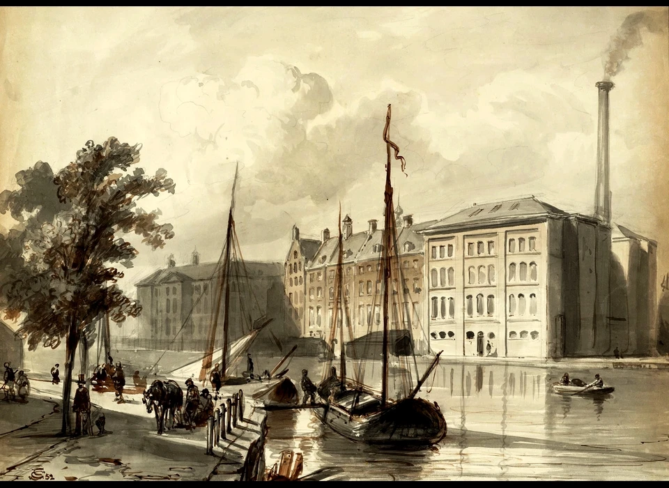 Zicht over de Amstel met links het Diaconie-weeshuis en rechts diamantslijperij Coster (Cornelis Springer 1852)